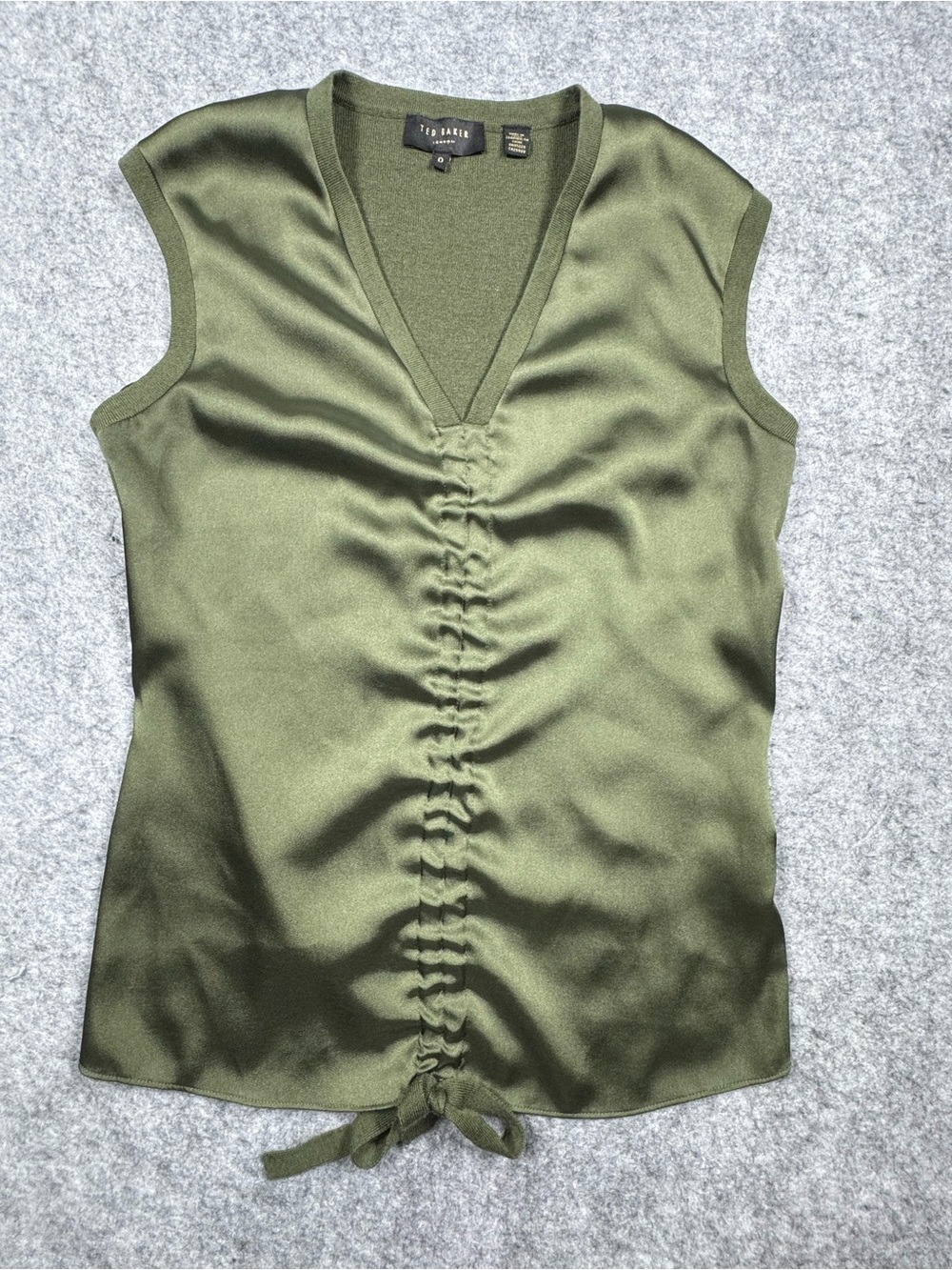 Ted Baker Olive Green Satin Ruched Cinch Front Sleeveless Blouse Tie Hem Size 0